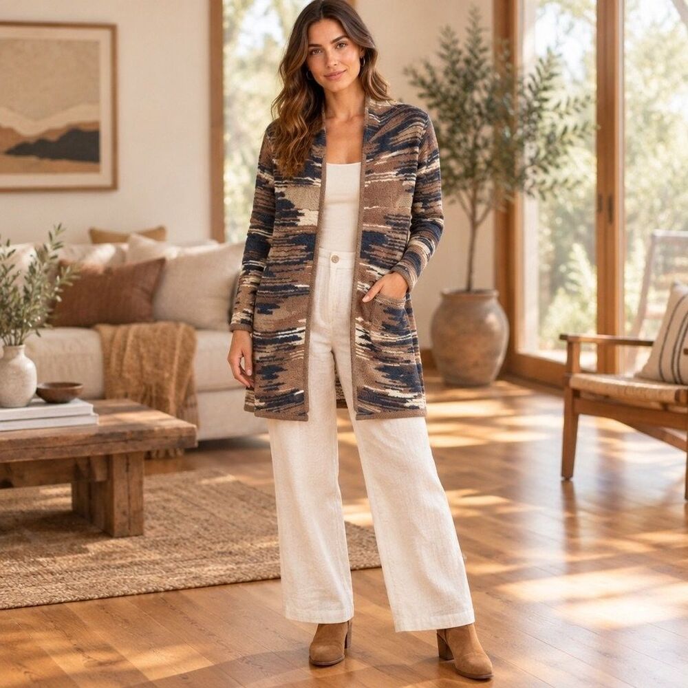 Lucky Brand Womens L Southwestern Aztec Long Cardigan Sweater Duster Tan Blue